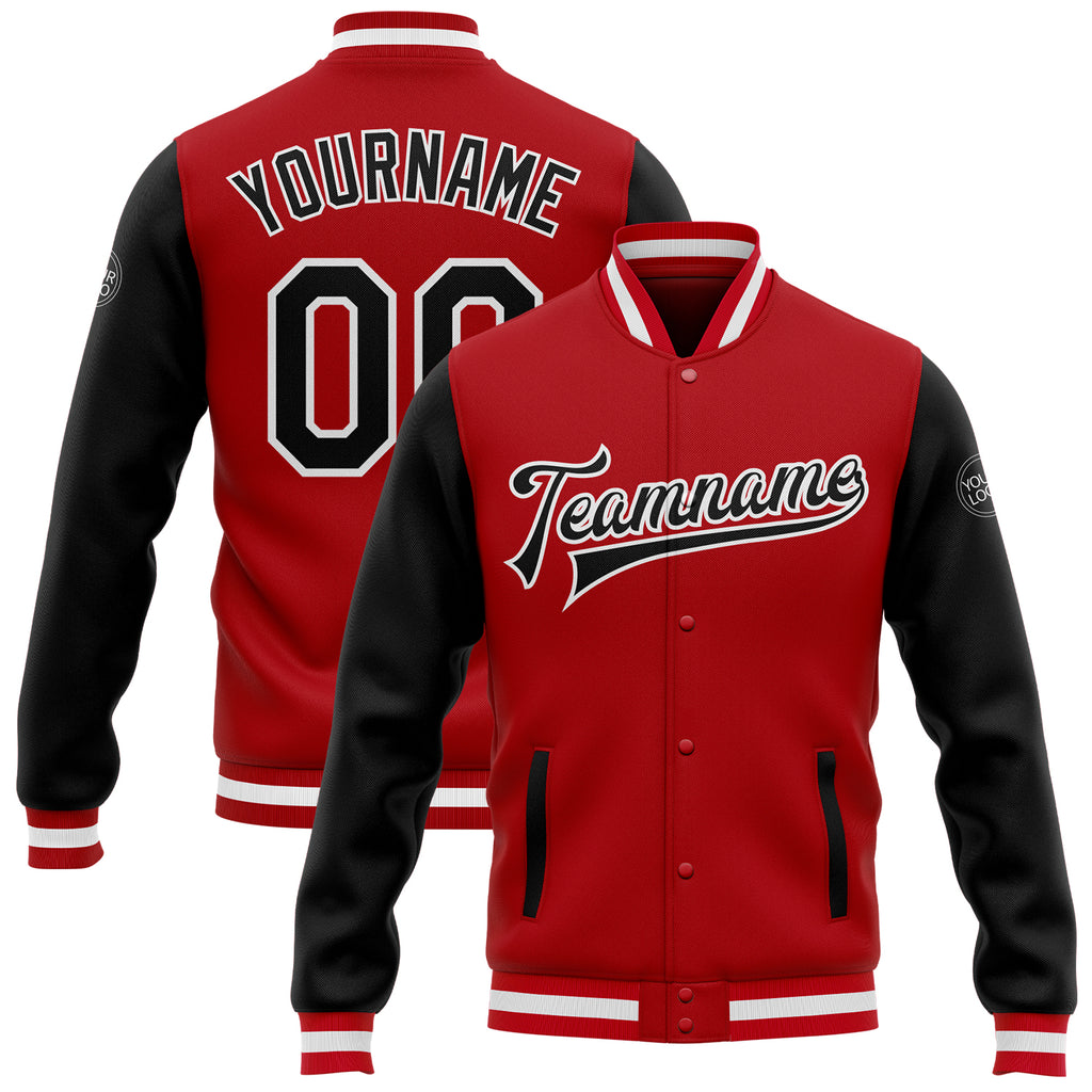 Custom Red Black-White Bomber Full-Snap Varsity Letterman Two Tone Jacket