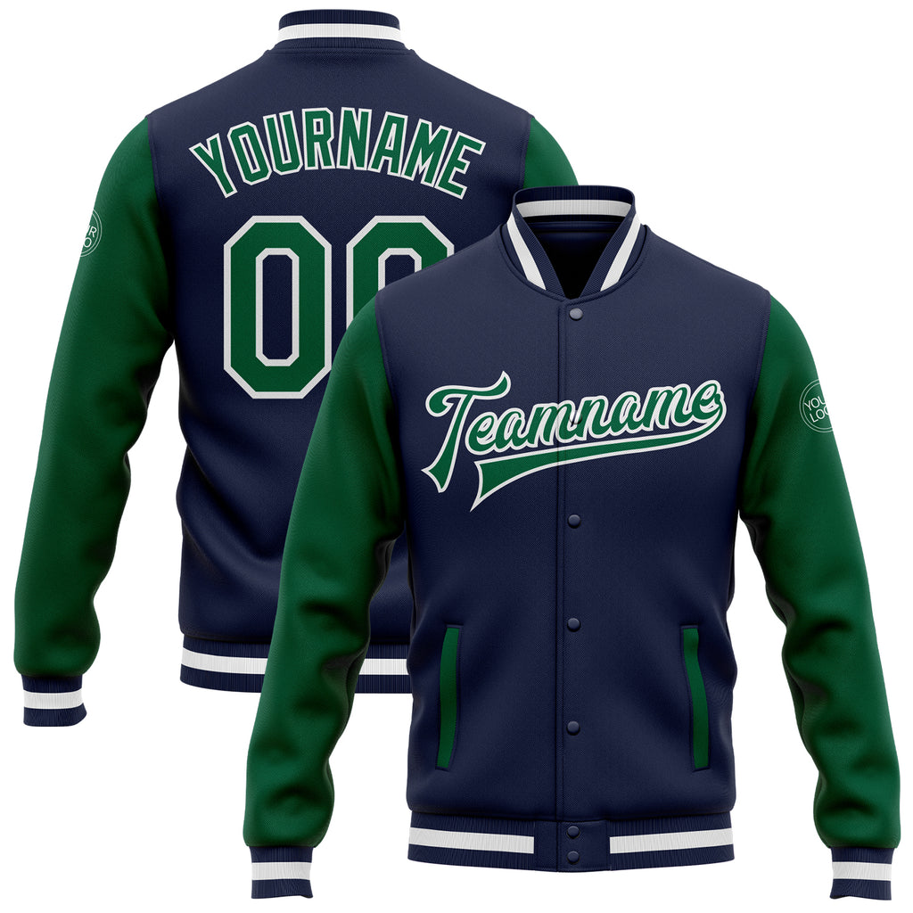 Custom Navy Kelly Green-White Bomber Full-Snap Varsity Letterman Two Tone Jacket