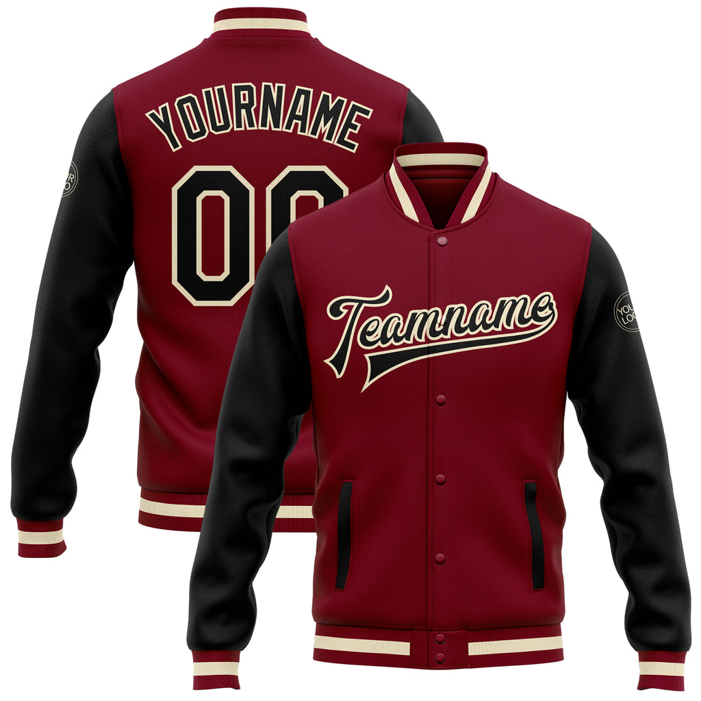 Custom Crimson Black-Cream Bomber Full-Snap Varsity Letterman Two Tone Jacket