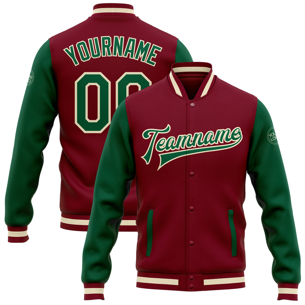 Custom Crimson Kelly Green-Cream Bomber Full-Snap Varsity Letterman Two Tone Jacket