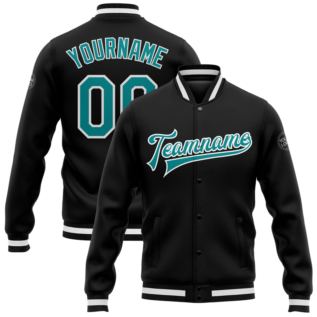 Custom Black Aqua-White Bomber Full-Snap Varsity Letterman Jacket