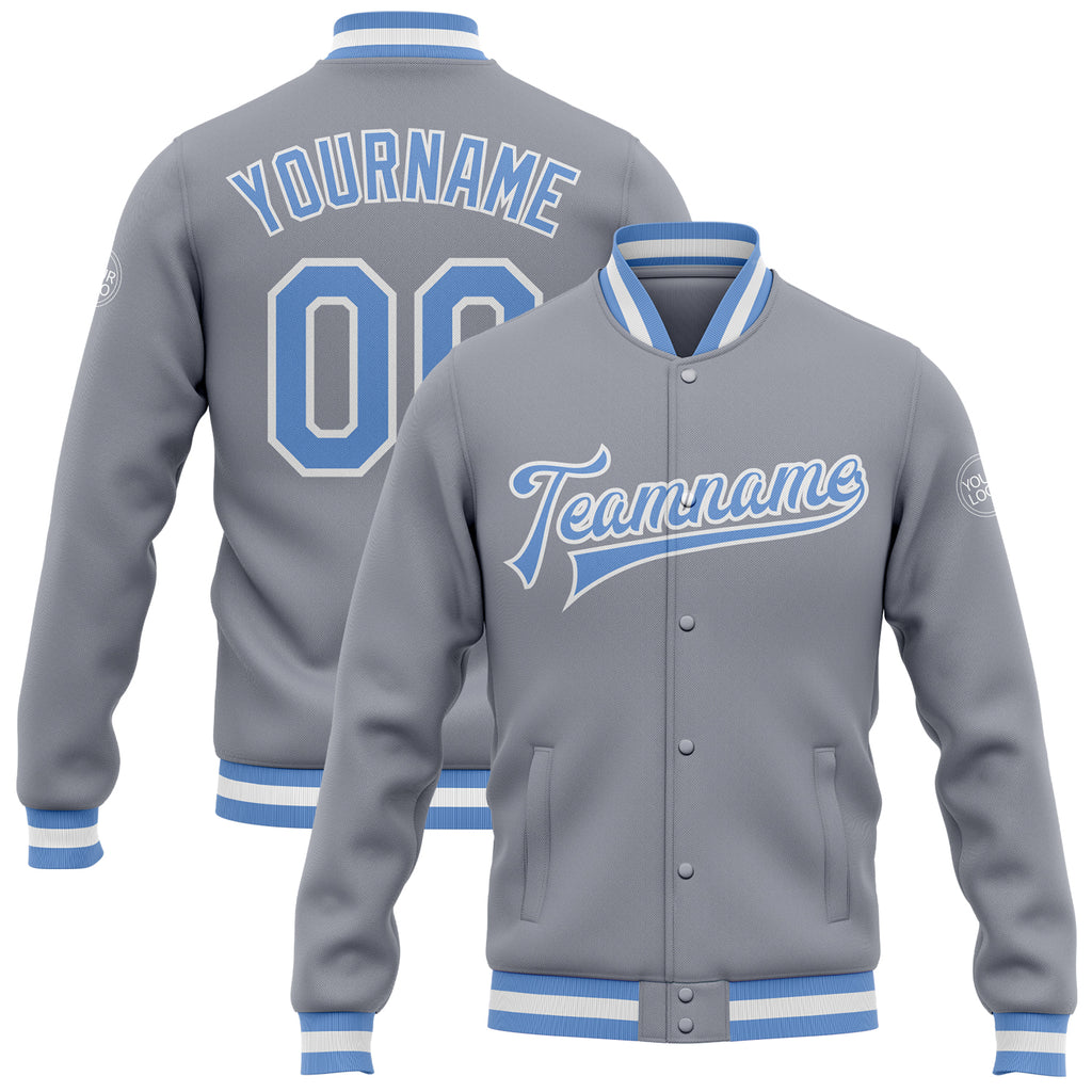 Custom Gray Light Blue-White Bomber Full-Snap Varsity Letterman Jacket