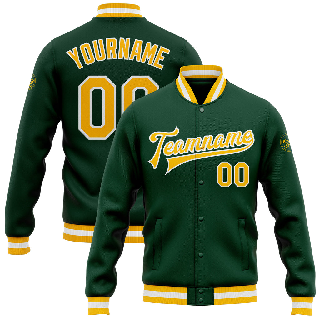 Custom Green Gold-White Bomber Full-Snap Varsity Letterman Jacket