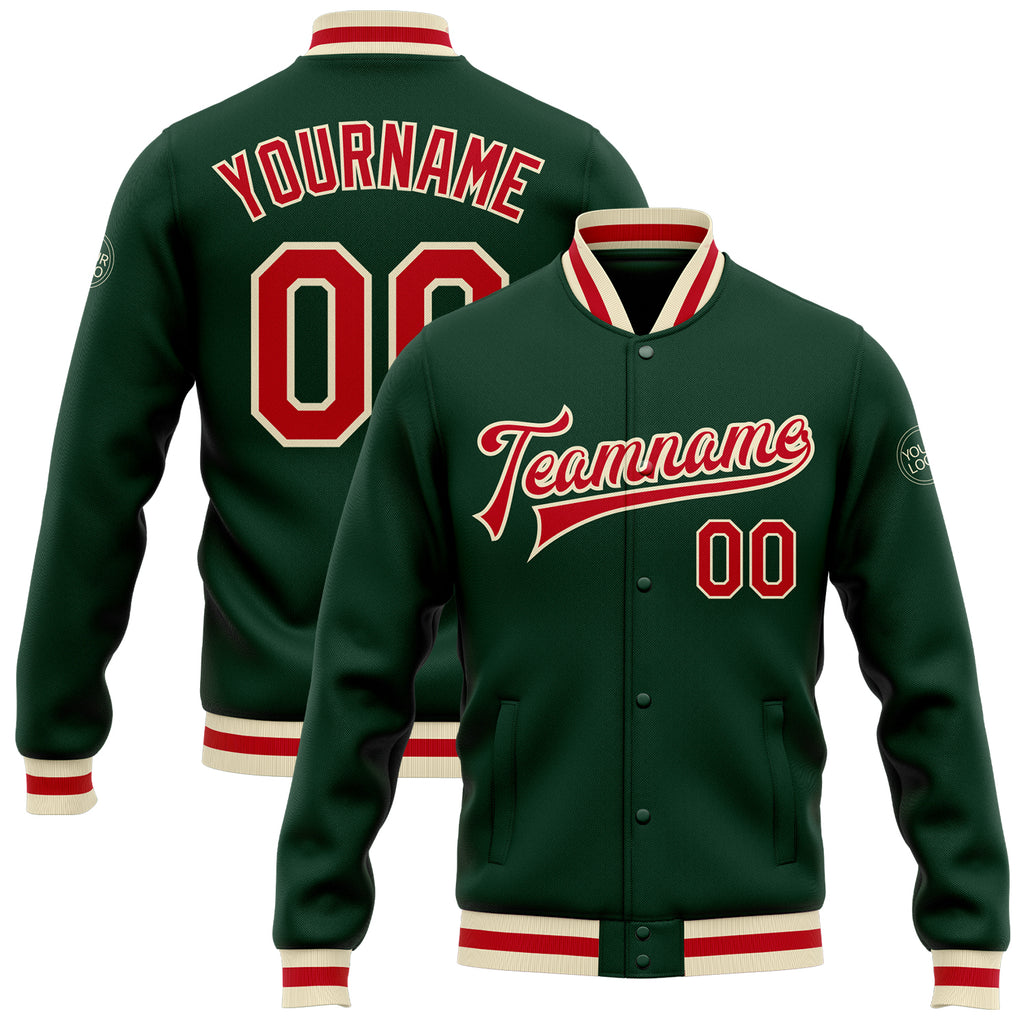 Custom Green Red-Cream Bomber Full-Snap Varsity Letterman Jacket