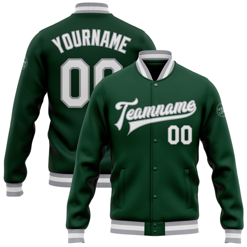 Custom Green White-Gray Bomber Full-Snap Varsity Letterman Jacket