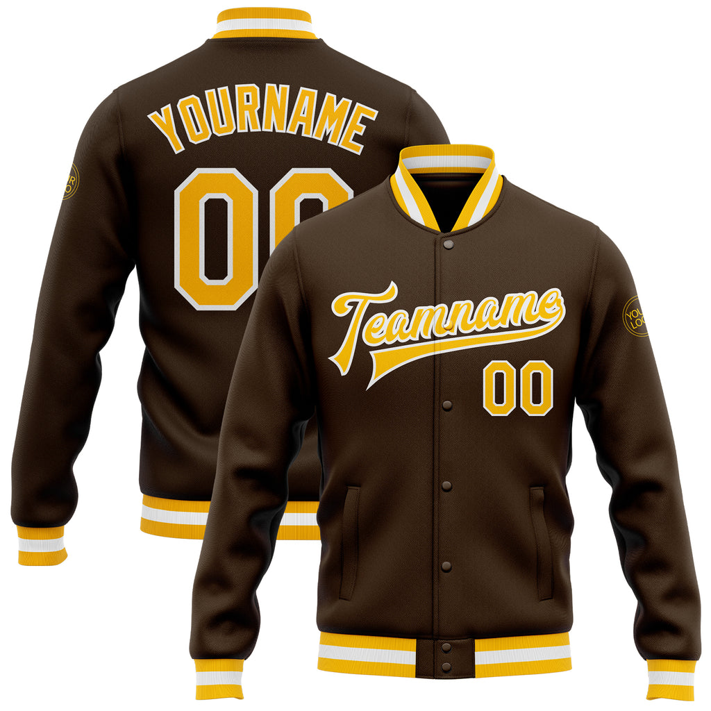 Custom Brown Gold-White Bomber Full-Snap Varsity Letterman Jacket