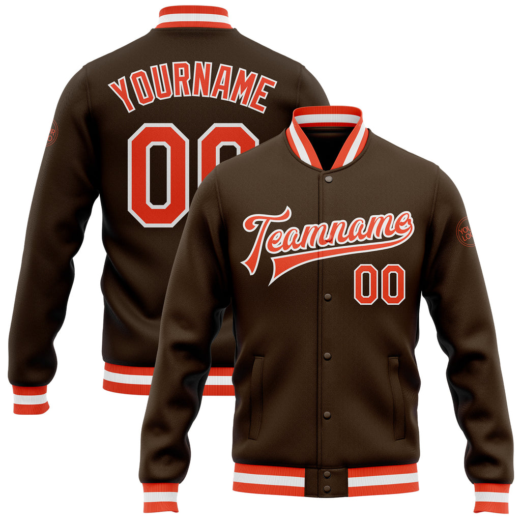 Custom Brown Orange-White Bomber Full-Snap Varsity Letterman Jacket