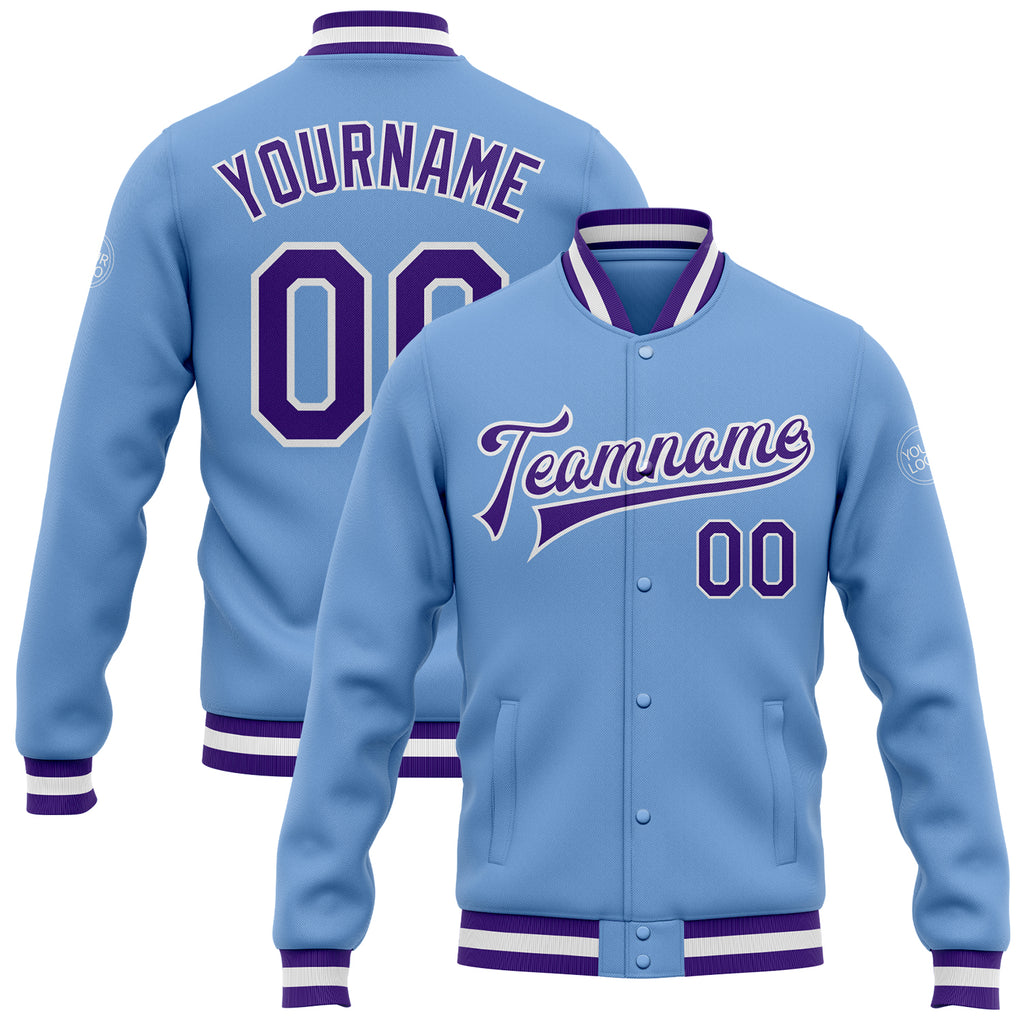 Custom Light Blue Purple-White Bomber Full-Snap Varsity Letterman Jacket