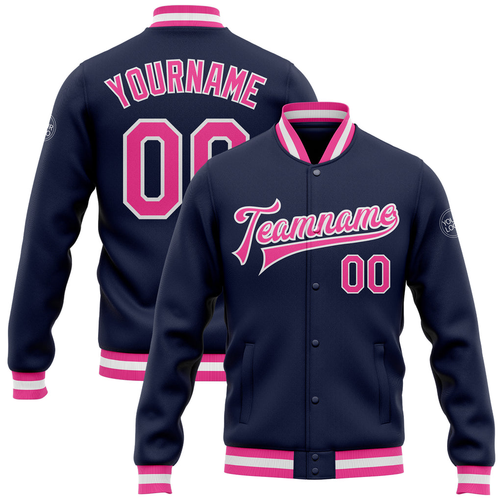 Custom Navy Pink-White Bomber Full-Snap Varsity Letterman Jacket