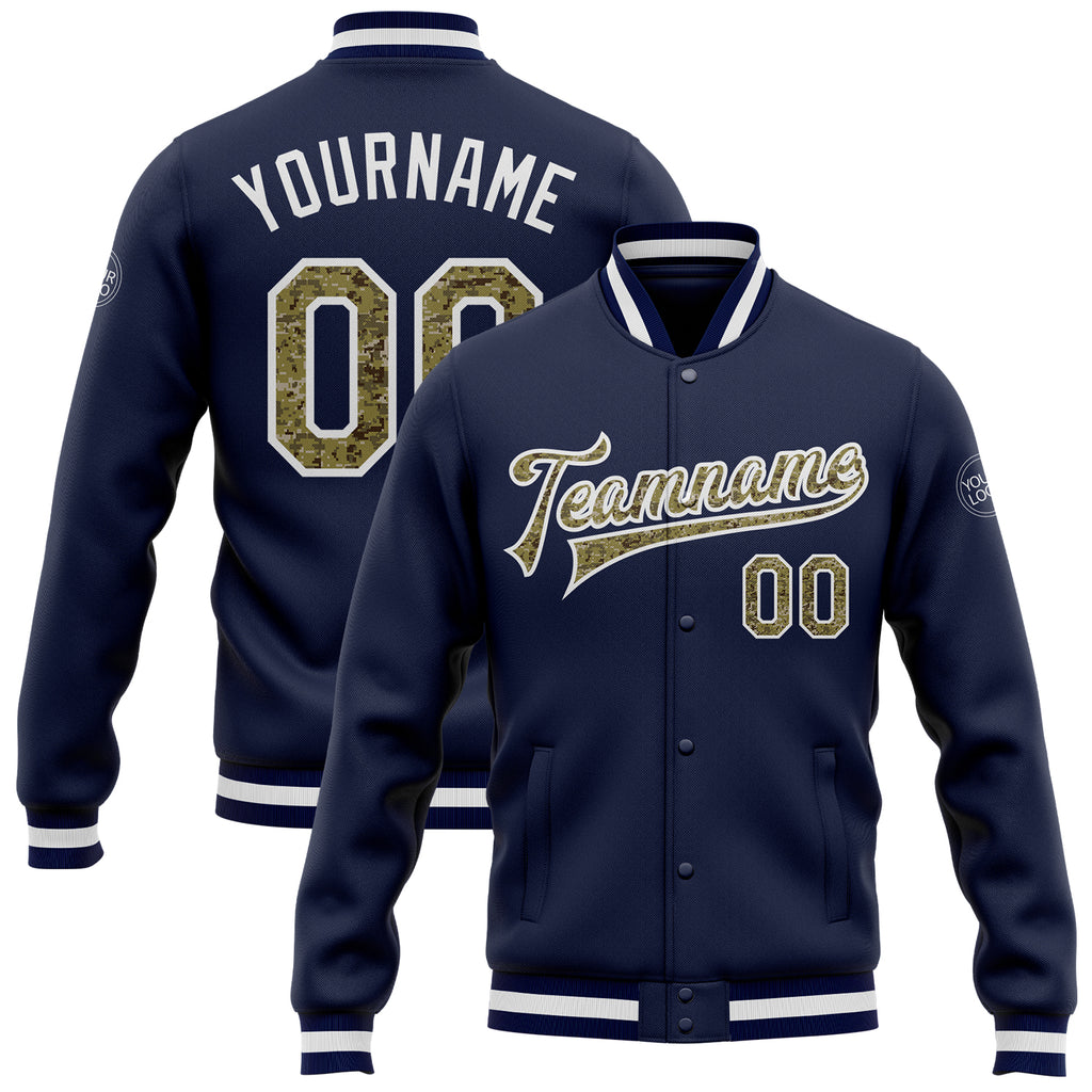 Custom Navy Camo-White Bomber Full-Snap Varsity Letterman Jacket