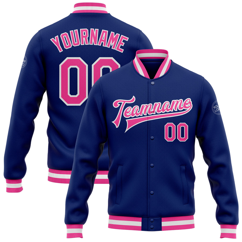 Custom Royal Pink-White Bomber Full-Snap Varsity Letterman Jacket