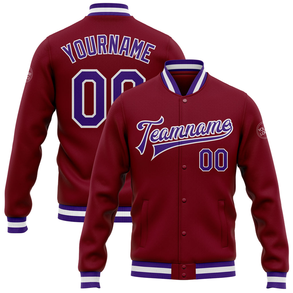 Custom Crimson Purple-White Bomber Full-Snap Varsity Letterman Jacket