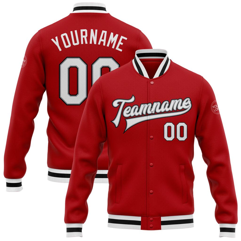 Custom Red White Gray-Black Bomber Full-Snap Varsity Letterman Jacket