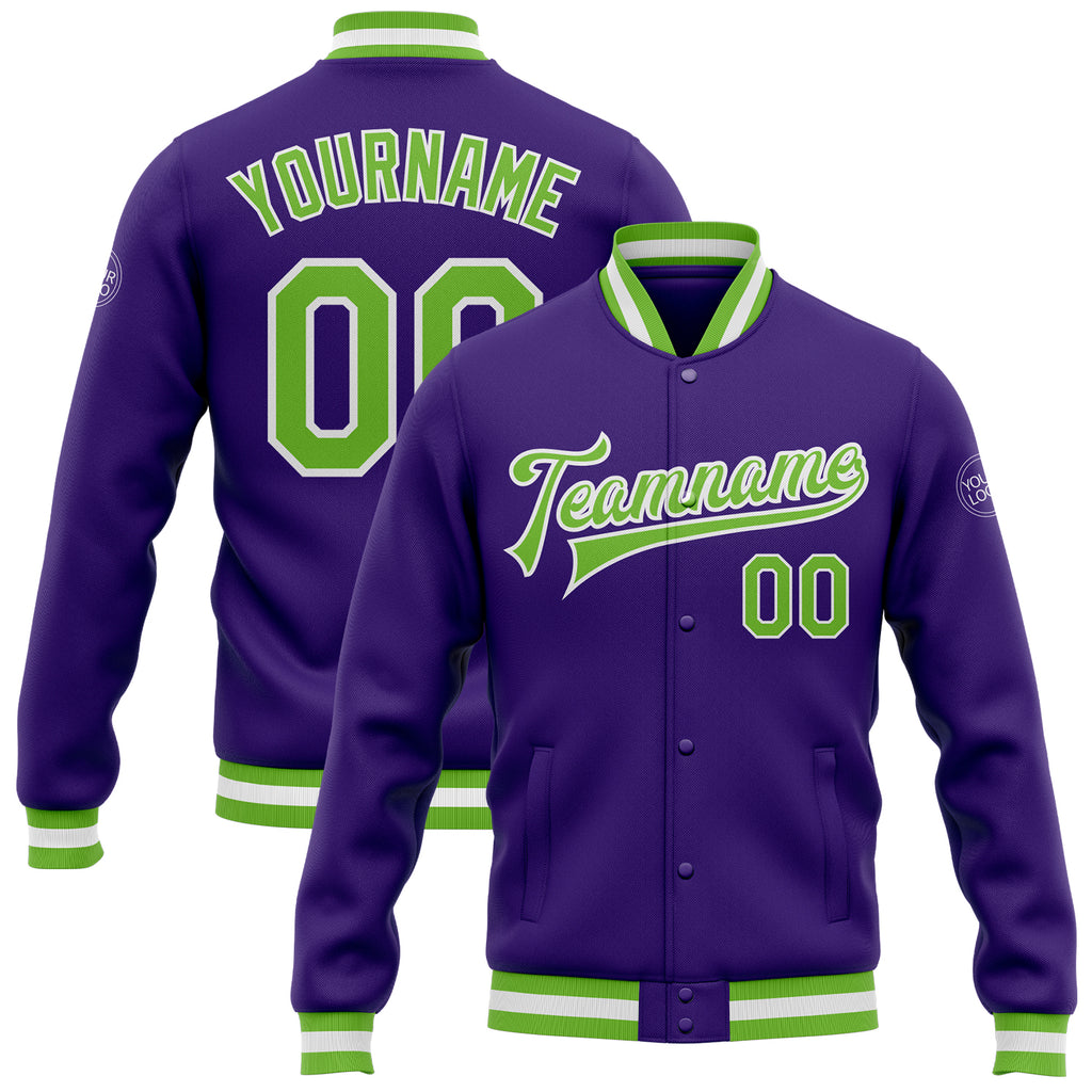 Custom Purple Neon Green-White Bomber Full-Snap Varsity Letterman Jacket