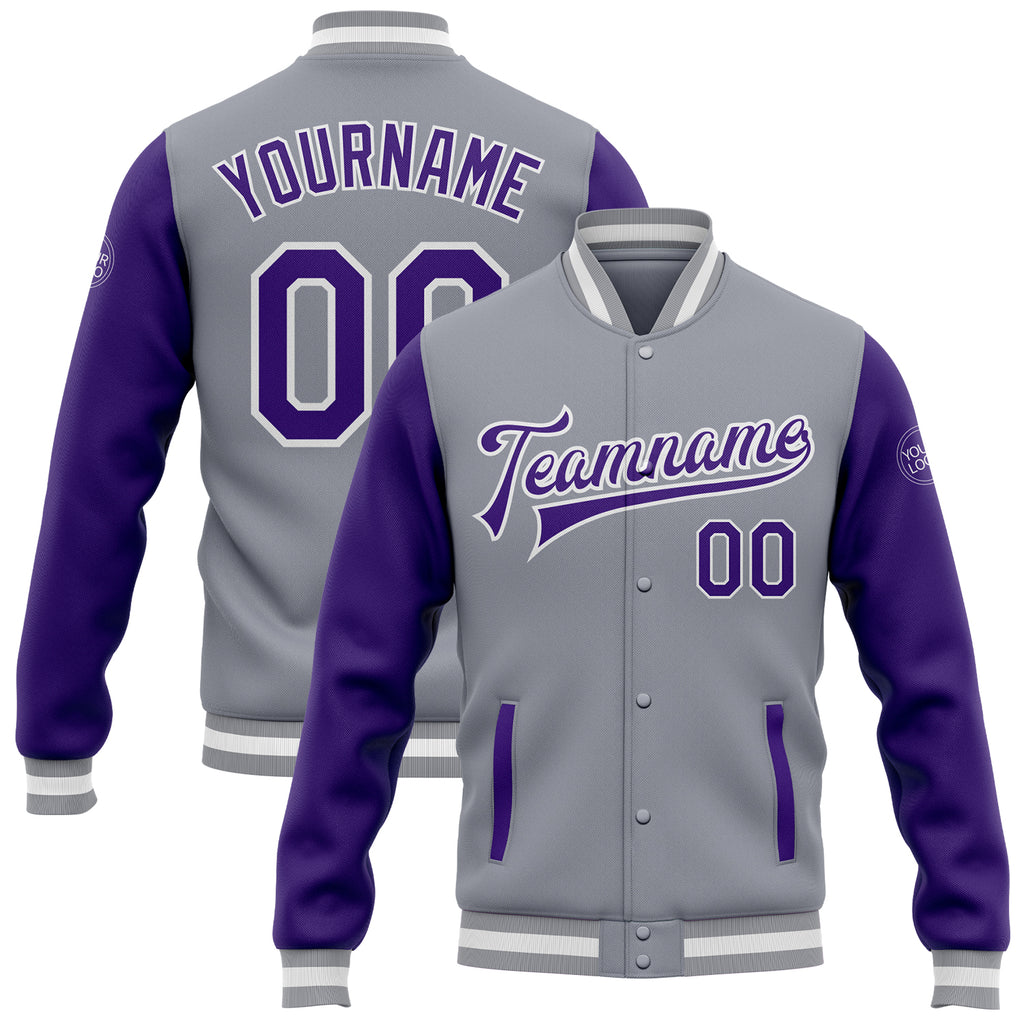 Custom Gray Purple-White Bomber Full-Snap Varsity Letterman Two Tone Jacket