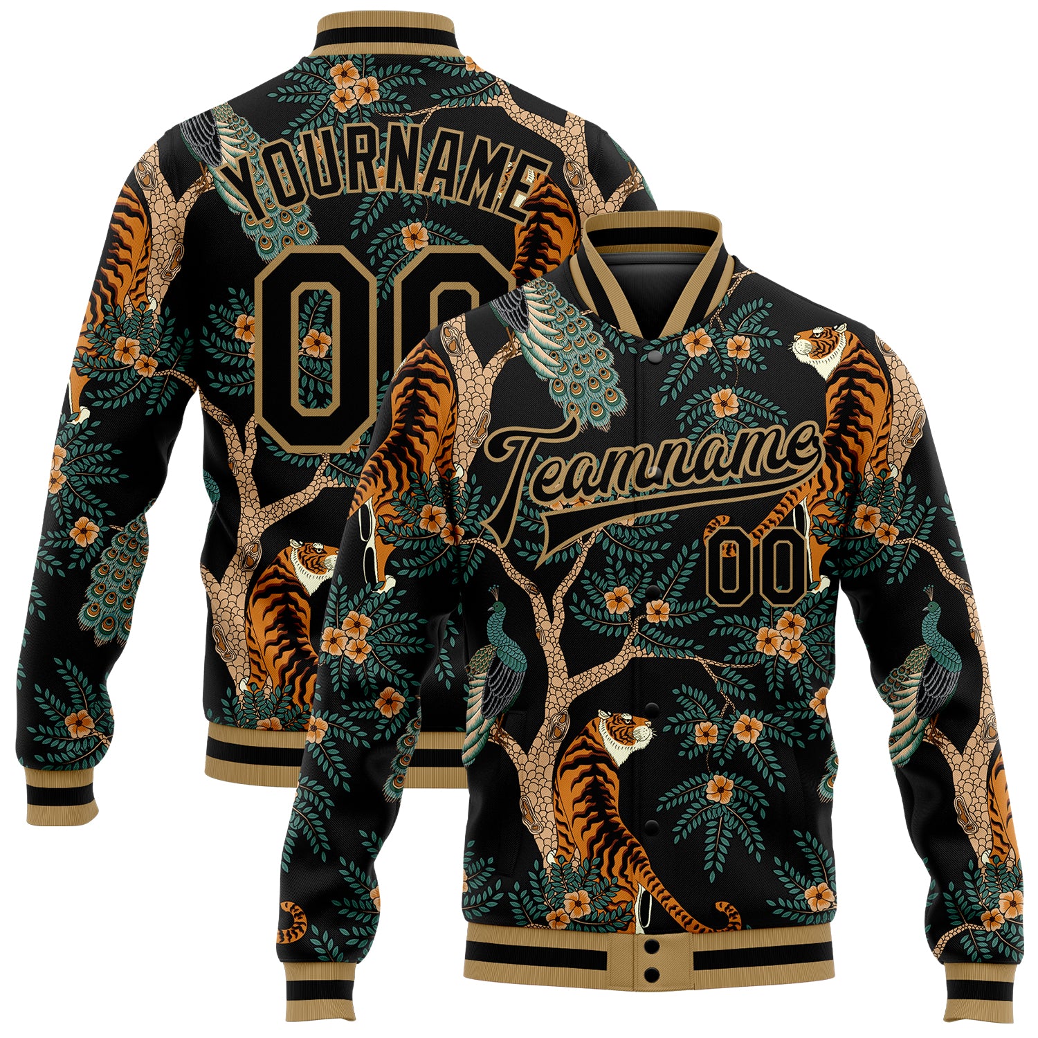 Custom Black Black-Old Gold Tiger And Peacock 3D Pattern Design Bomber Full-Snap Varsity Letterman Jacket