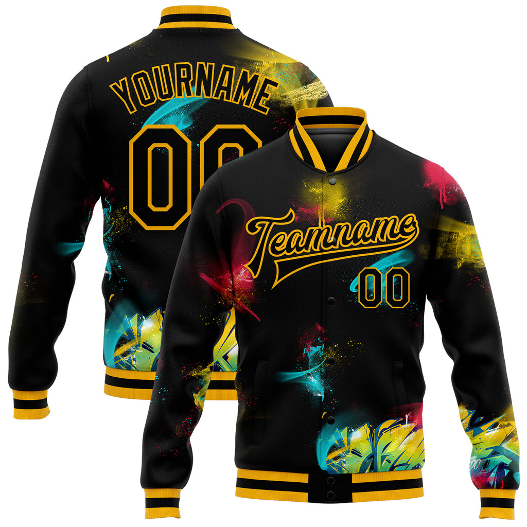 Custom Graffiti Pattern Black-Gold 3D Bomber Full-Snap Varsity Letterman Jacket