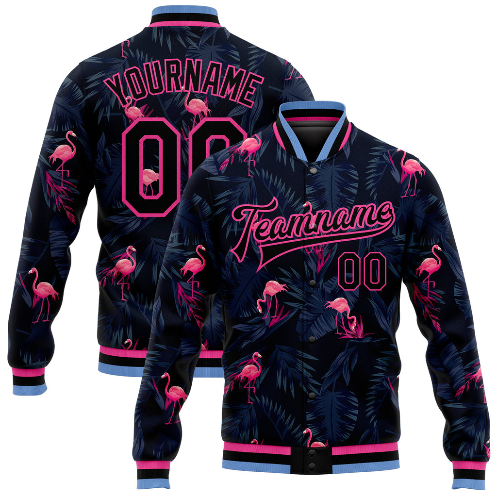 Custom Black Black Pink-Light Blue Hawaii Palm Trees And Flamingo 3D Pattern Design Bomber Full-Snap Varsity Letterman Jacket