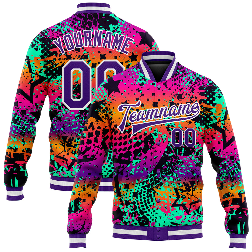 Custom Graffiti Pattern Purple-White Scratch 3D Bomber Full-Snap Varsity Letterman Jacket