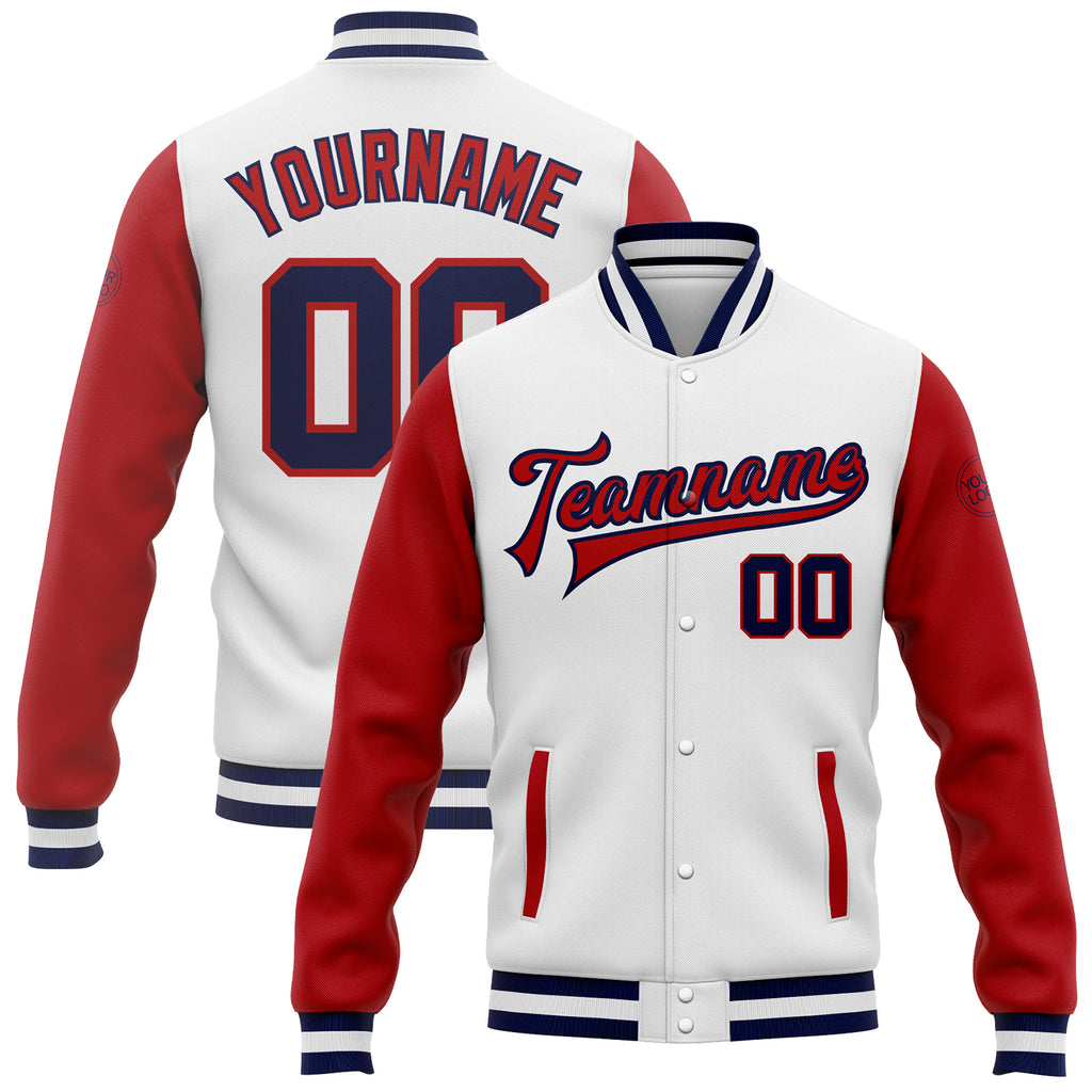 Custom White Navy-Red Bomber Full-Snap Varsity Letterman Two Tone Jacket