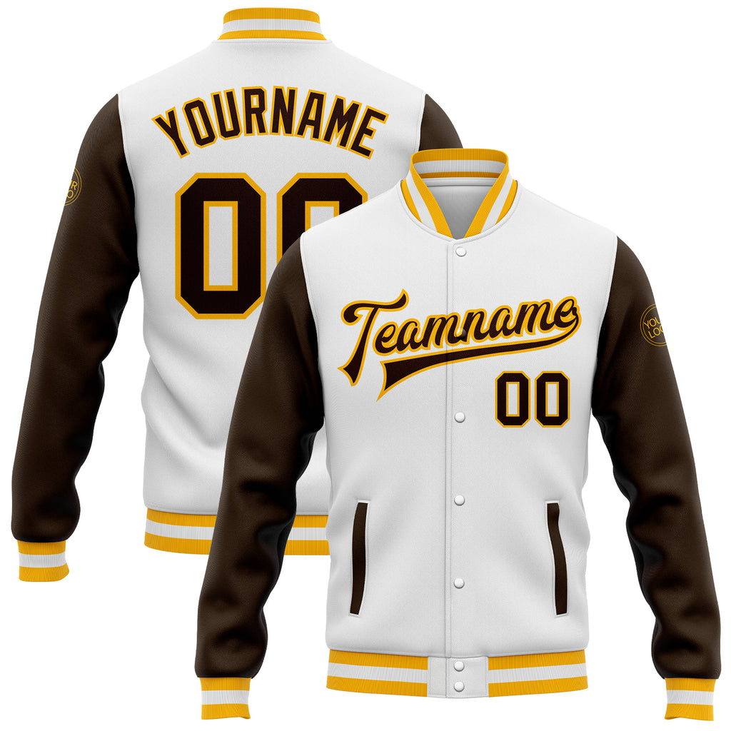 Custom White Brown-Gold Bomber Full-Snap Varsity Letterman Two Tone Jacket