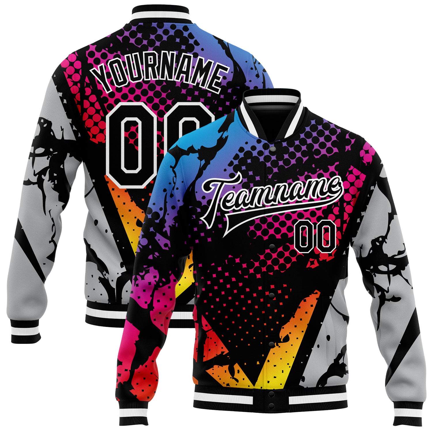 Custom Figure Black-Gray 3D Pattern Design Bomber Full-Snap Varsity Letterman Jacket