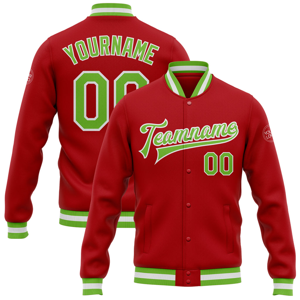 Custom Red Neon Green-White Bomber Full-Snap Varsity Letterman Jacket