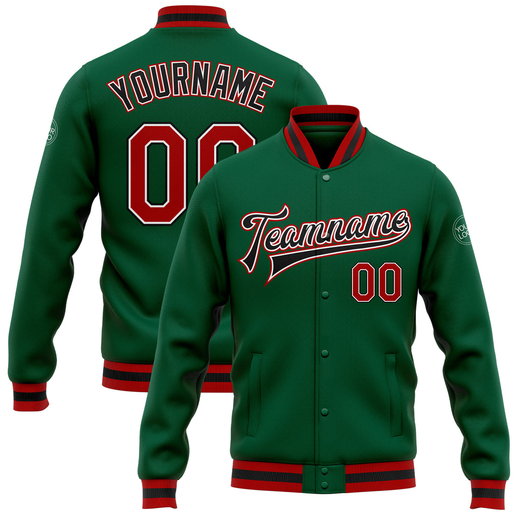 Custom Kelly Green Red-Black Bomber Full-Snap Varsity Letterman Jacket