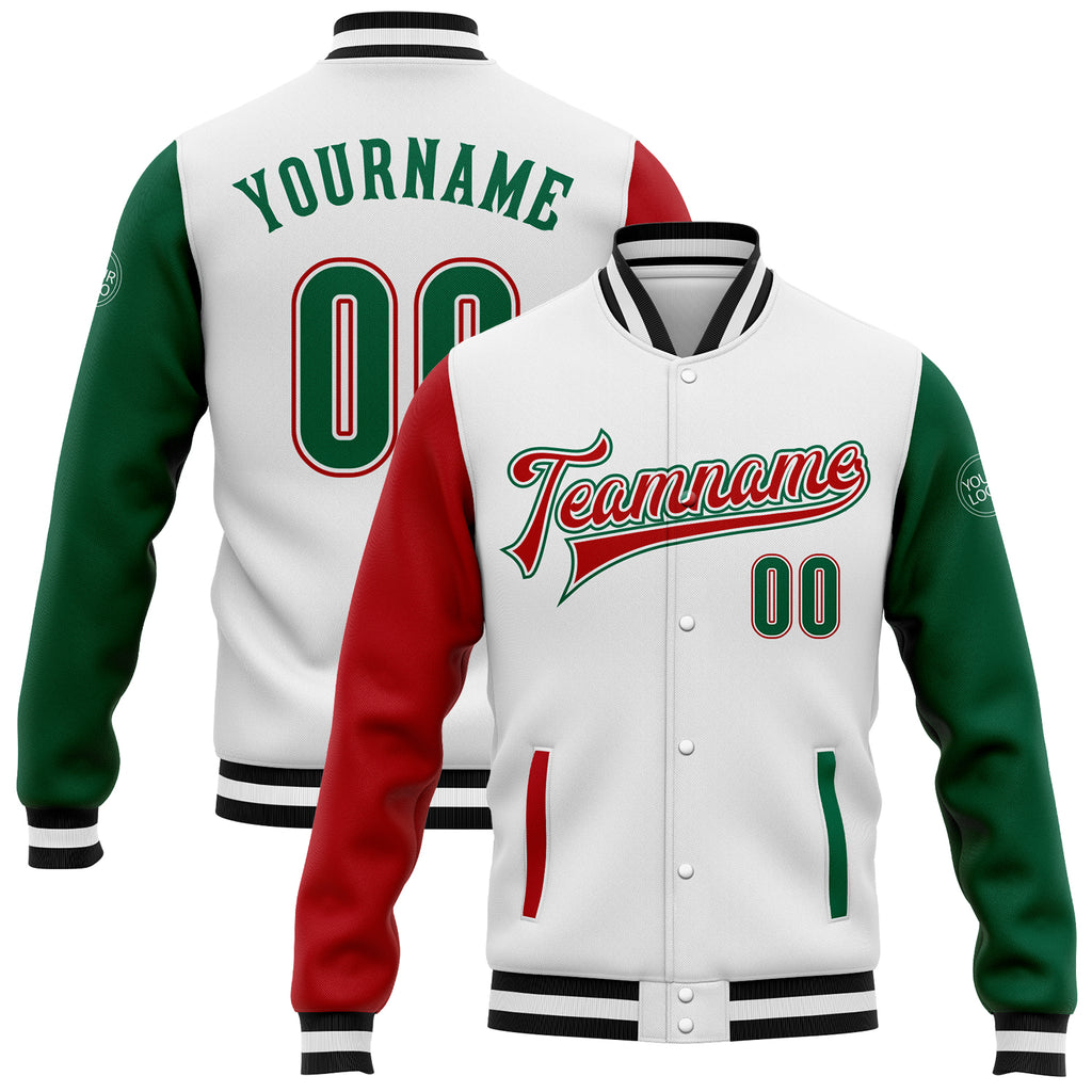 Custom White Kelly Green-Red Bomber Full-Snap Varsity Letterman Two Tone Jacket