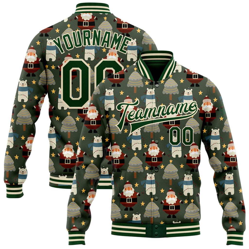 Custom Green Green-Cream Christmas 3D Bomber Full-Snap Varsity Letterman Jacket