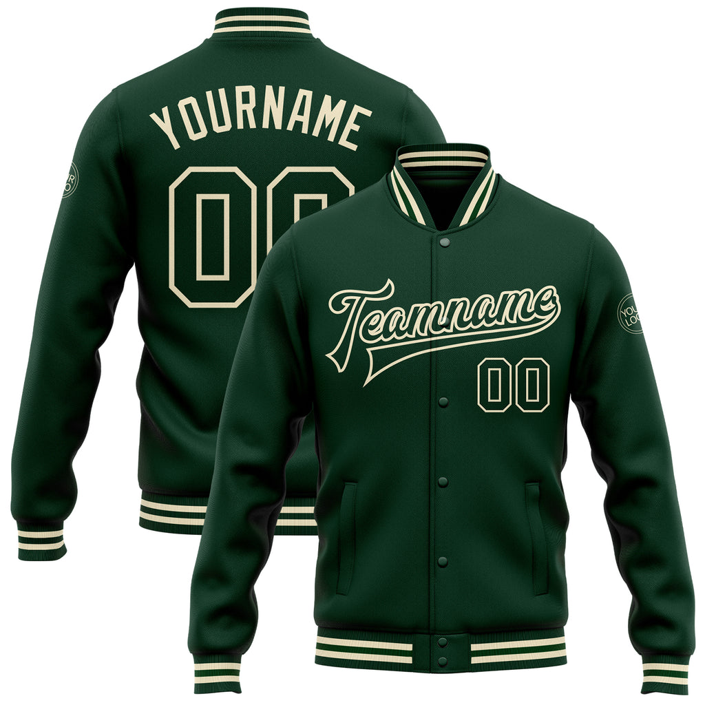 Custom Green Green-Cream Bomber Full-Snap Varsity Letterman Jacket