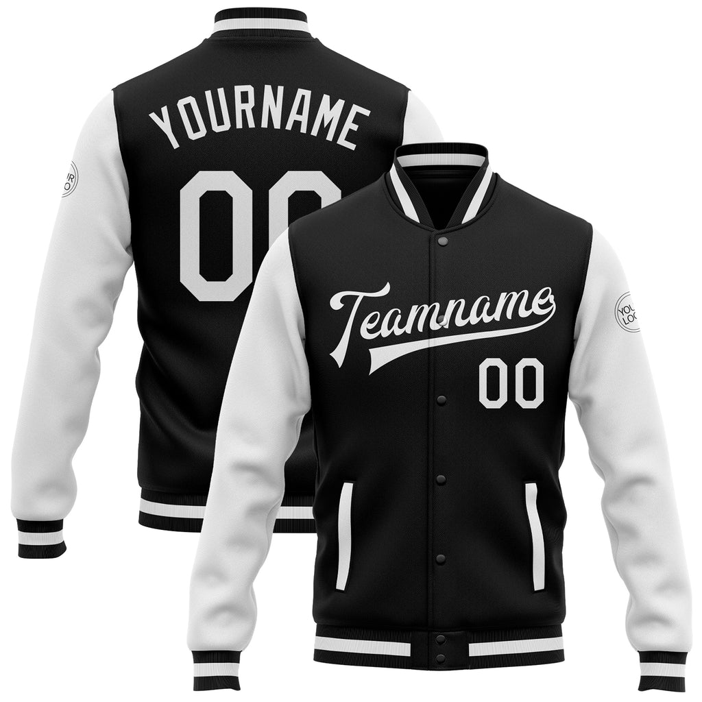 Custom Black White Bomber Full-Snap Varsity Letterman Two Tone Jacket