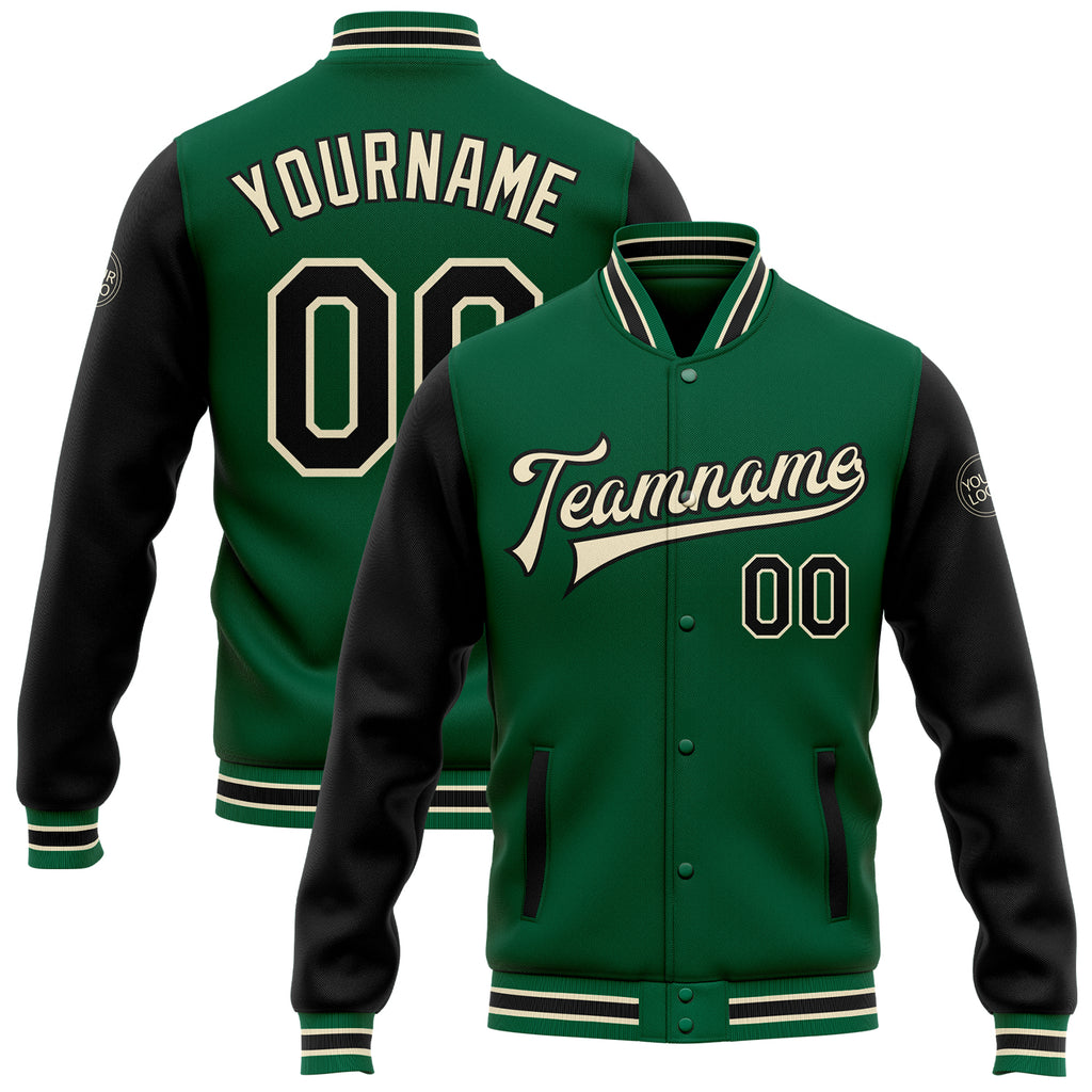 Custom Kelly Green Black-Cream Bomber Full-Snap Varsity Letterman Two Tone Jacket