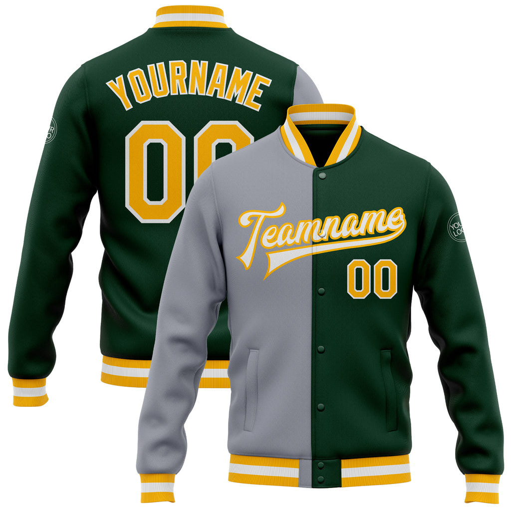 Custom Green Gold-Gray Bomber Full-Snap Varsity Letterman Split Fashion Jacket