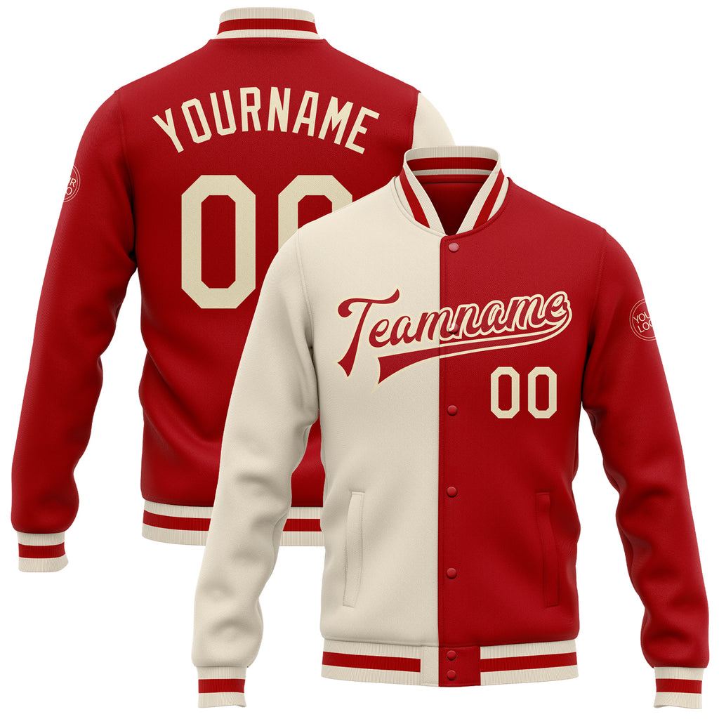 Custom Red Cream Bomber Full-Snap Varsity Letterman Split Fashion Jacket