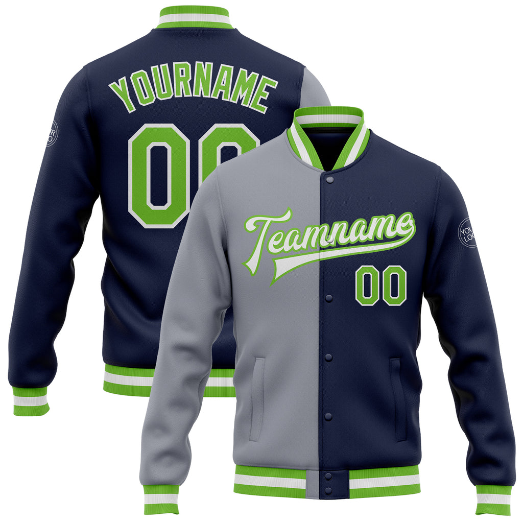 Custom Navy Neon Green-Gray Bomber Full-Snap Varsity Letterman Split Fashion Jacket