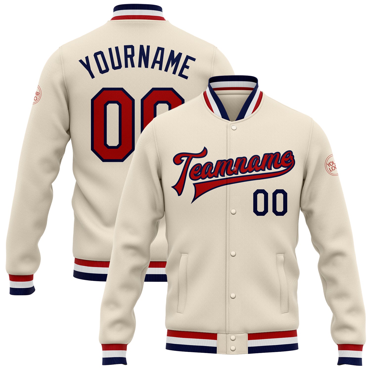 Custom Cream Red-Navy Bomber Full-Snap Varsity Letterman Jacket