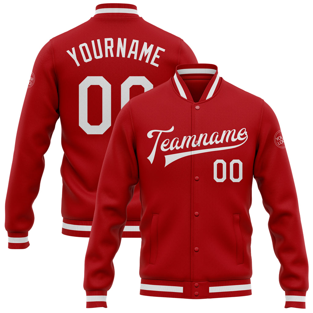 Custom Red White Bomber Full-Snap Varsity Letterman Jacket