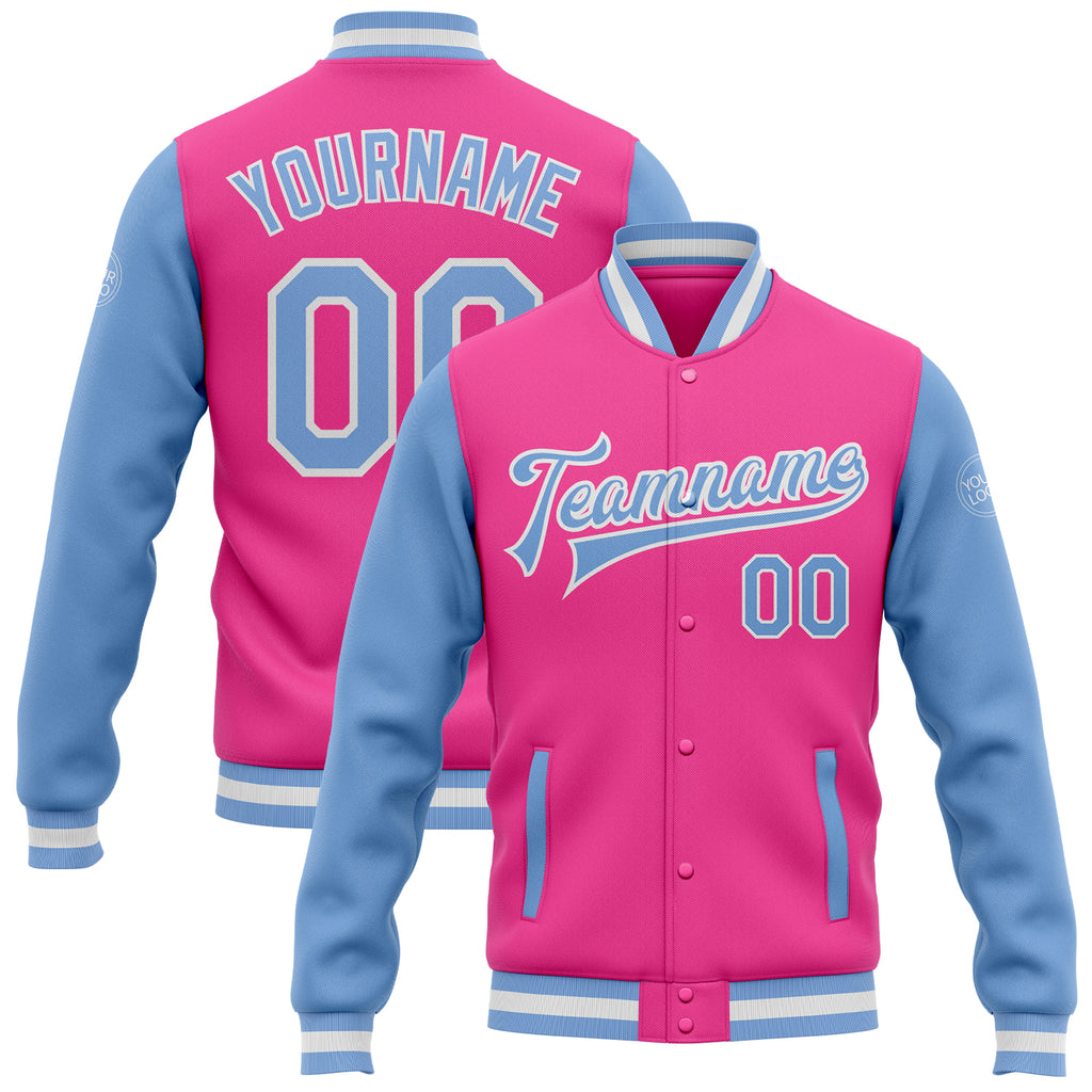 Custom Pink Light Blue-White Bomber Full-Snap Varsity Letterman Two Tone Jacket