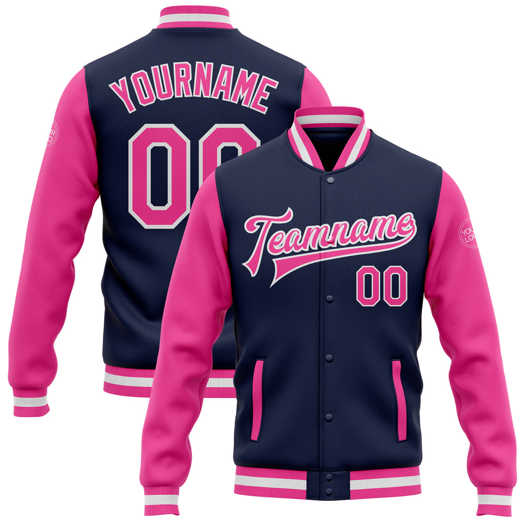 Custom Navy Pink-White Bomber Full-Snap Varsity Letterman Two Tone Jacket