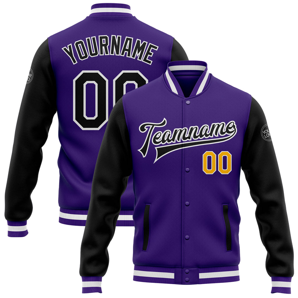 Custom Purple Black-Gold Bomber Full-Snap Varsity Letterman Two Tone Jacket