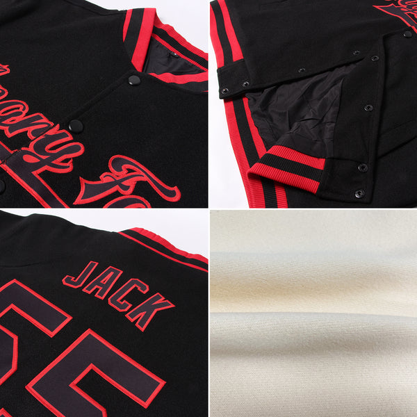 Custom Cream Red-Black Bomber Full-Snap Varsity Letterman Two Tone Jacket