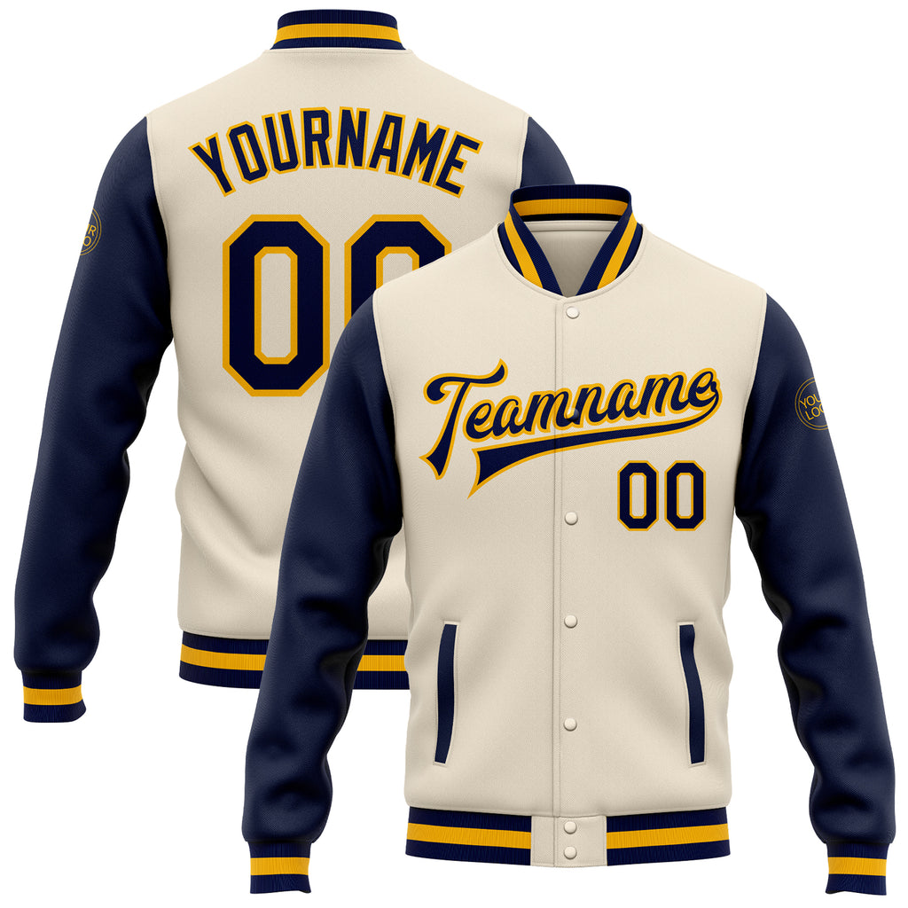 Custom Cream Navy-Gold Bomber Full-Snap Varsity Letterman Two Tone Jacket