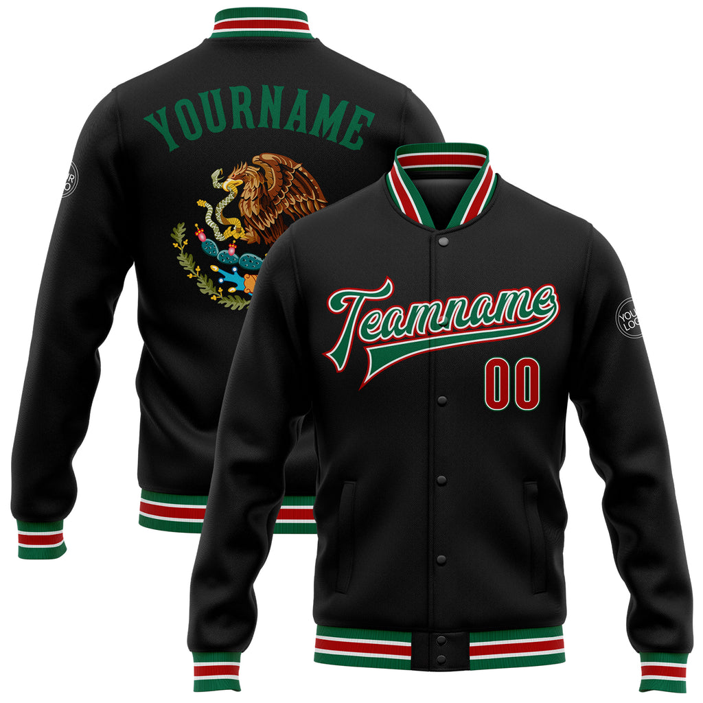 Custom Black Red-Kelly Green Mexico 3D Bomber Full-Snap Varsity Letterman Jacket