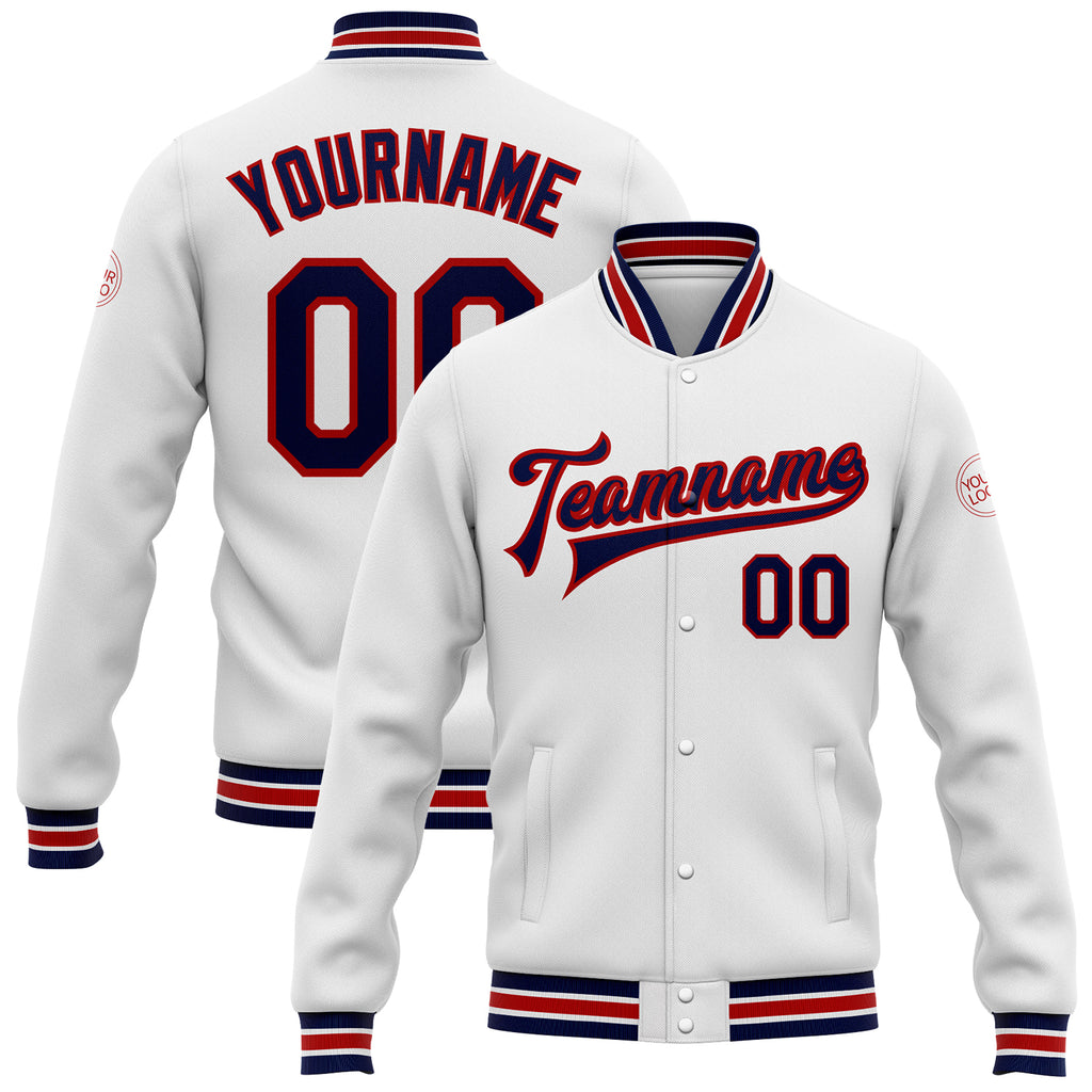 Custom White Navy-Red Bomber Full-Snap Varsity Letterman Jacket