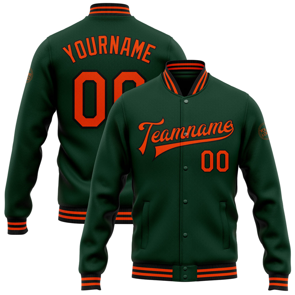 Custom Green Orange-Black Bomber Full-Snap Varsity Letterman Jacket