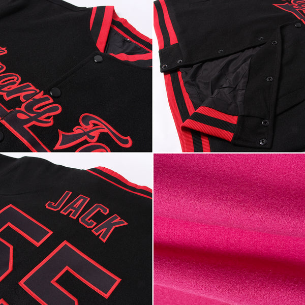 Custom Pink White-Black Bomber Full-Snap Varsity Letterman Jacket