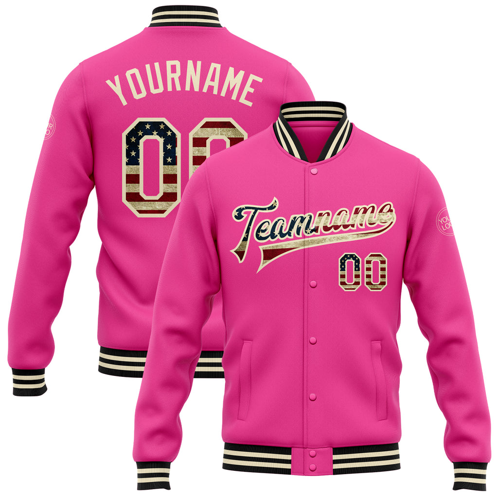 Custom Pink Vintage USA Flag Cream-Black Bomber Full-Snap Varsity Letterman Jacket