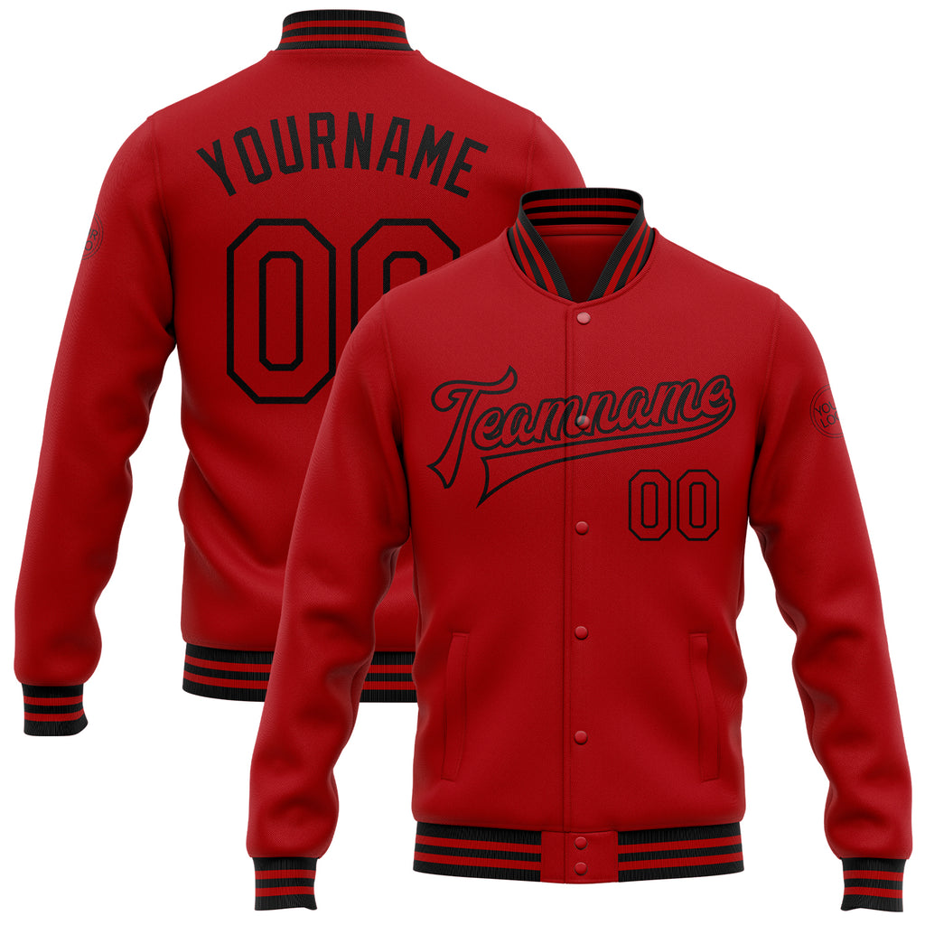 Custom Red Black Bomber Full-Snap Varsity Letterman Jacket