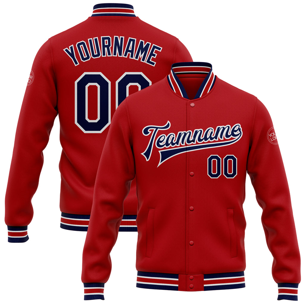 Custom Red Navy-White Bomber Full-Snap Varsity Letterman Jacket